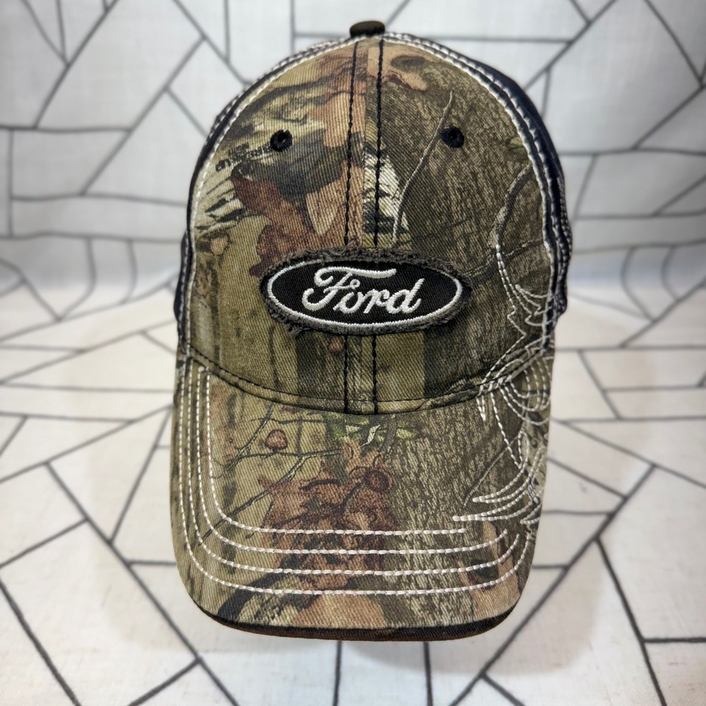 Ford Baseball Hat OS Camo Black Paramount Outdoors Stretch Fit Flame Stitch